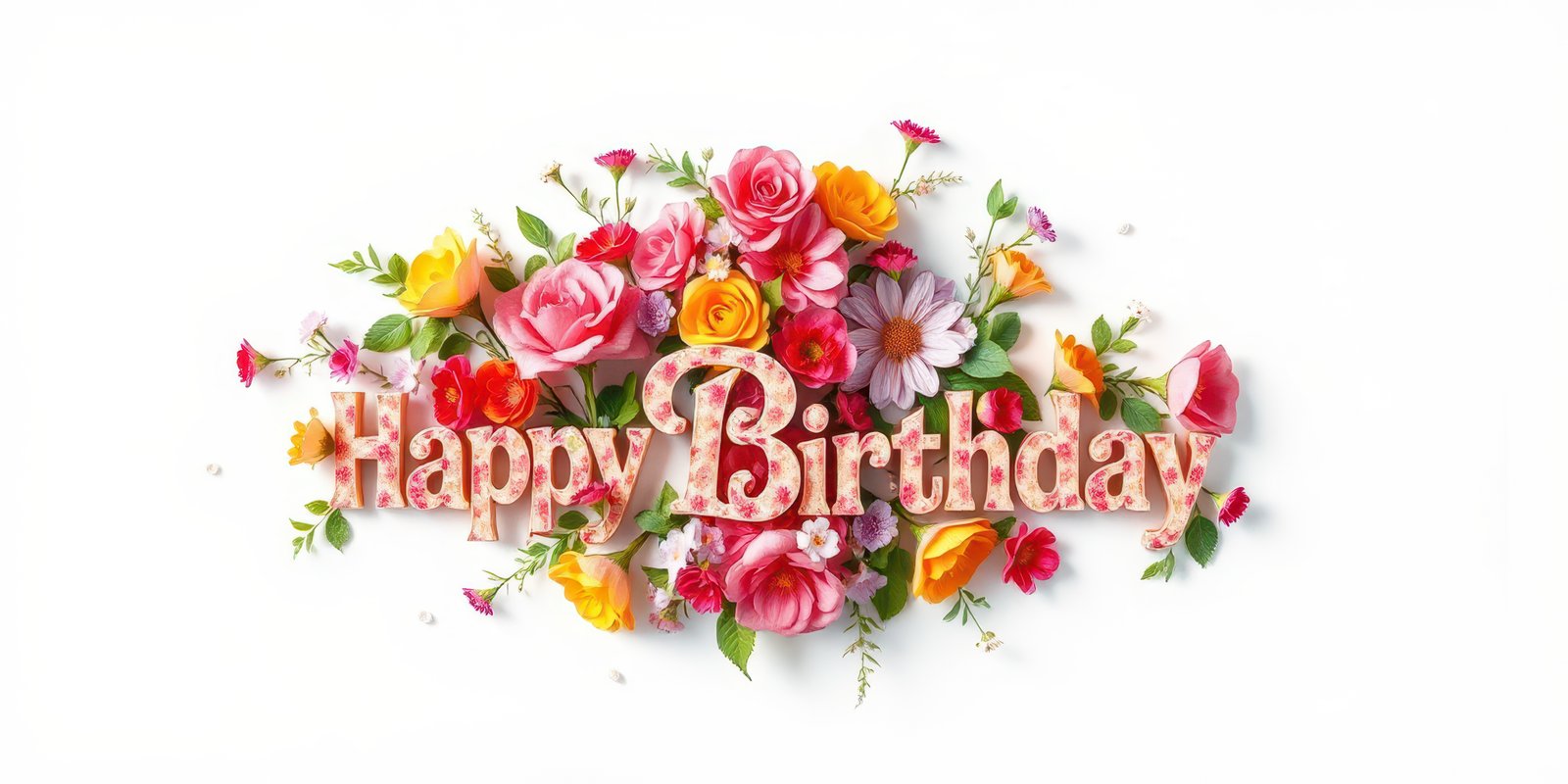 Colorful floral birthday greeting arrangement with vibrant roses and cheerful accents on a white background